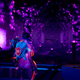 Fortnite characters stand inside a spaceship filled with glowing purple cubes.